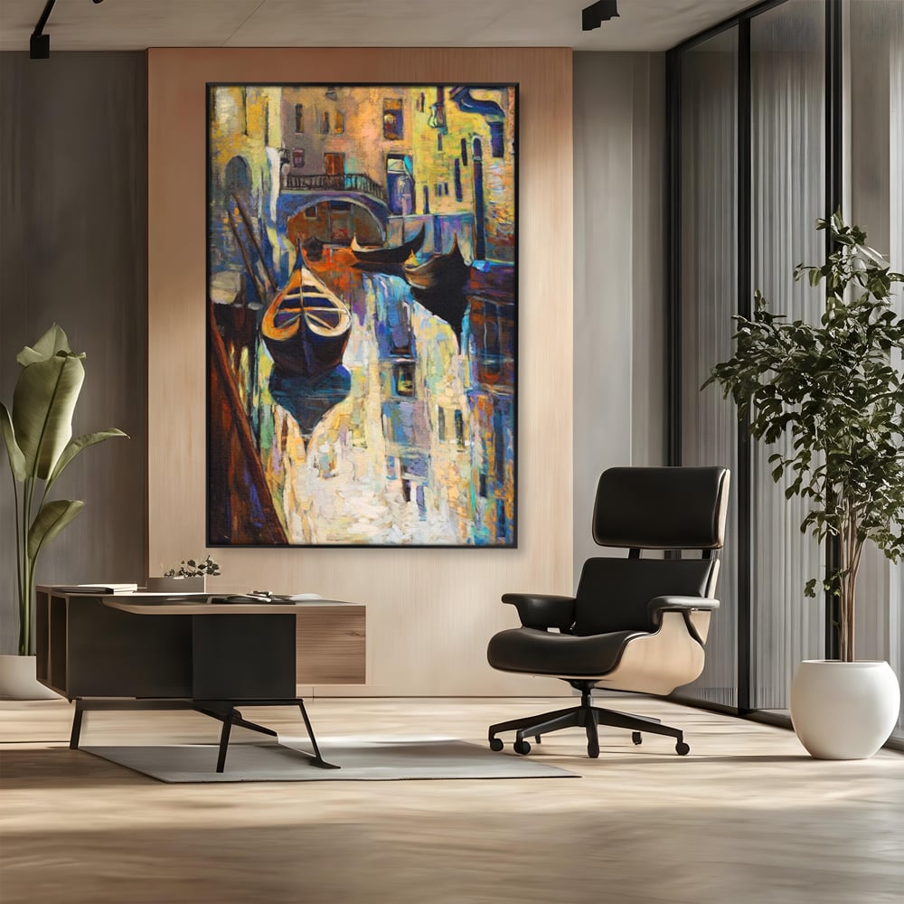 Tablou canvas cu pictura canvas cu gondole in venetia, in rama de aluminiu negru, pe perete intr-un birou
